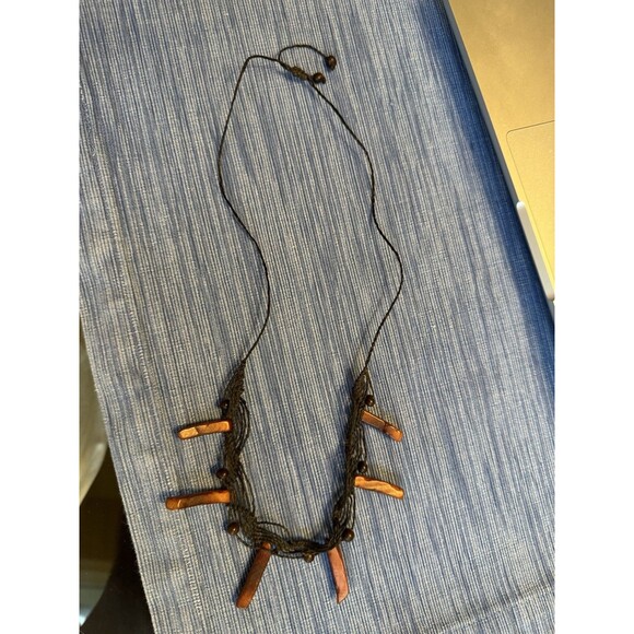 Artisan Tagua Wood Bar Pendant Necklace Macrame Cord Tribal Boho Adjustable - Picture 6 of 10